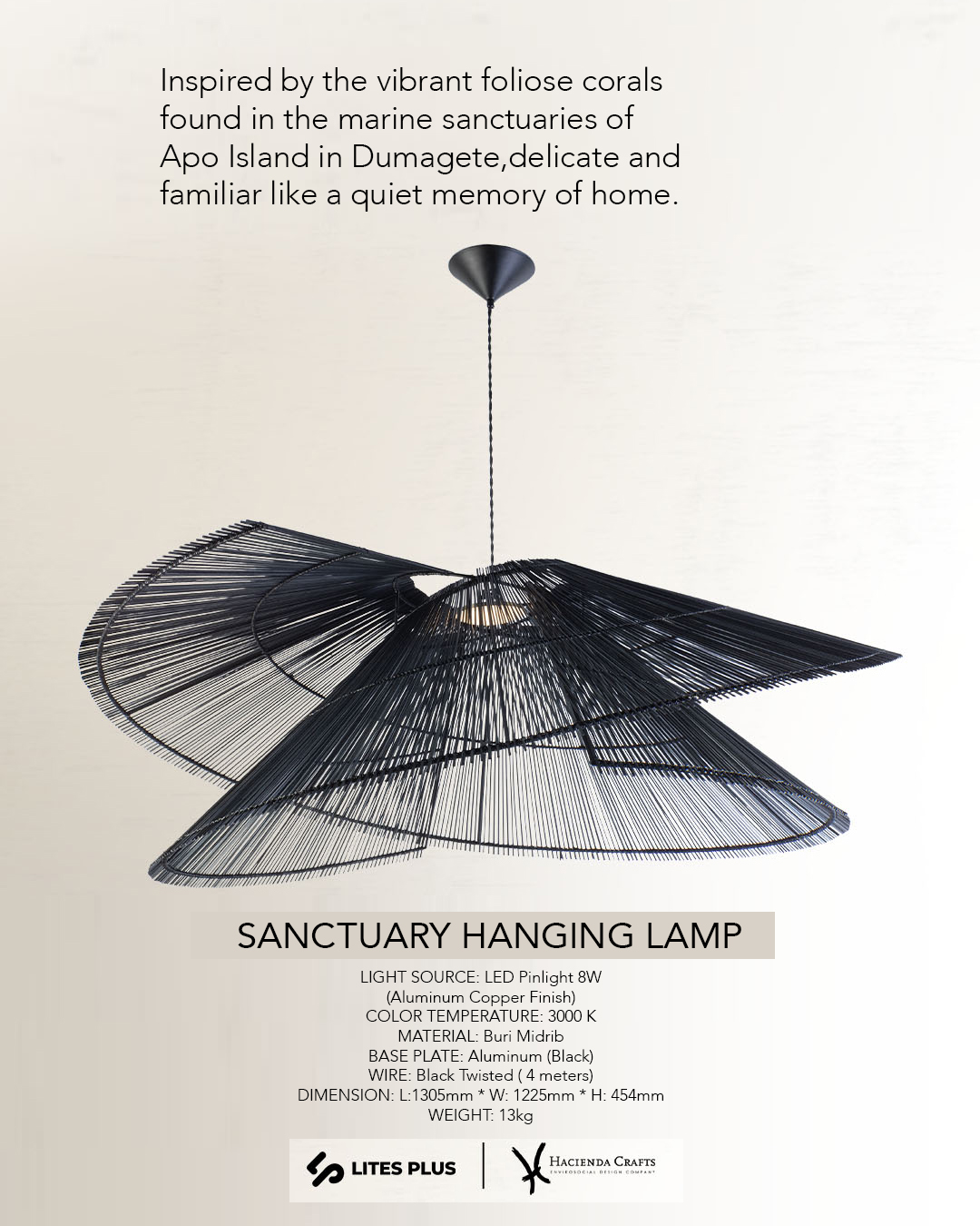 Sanctuary Hanging Lamp large buri pendant light with black aluminum base and 3 meter suspension by Lites Plus